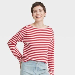 Universal Thread‎ Long Sleeve Boatneck T-Shirt, Red Striped, Size Small